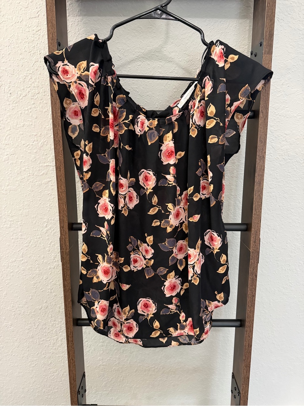 LC Lauren Conrad Black Floral Cap-Sleeve Blouse with Pink Roses